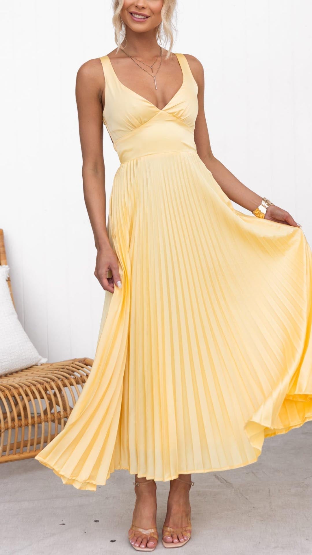 MADELINE | Yellow V-Neck Maxi Dress with Pleated Design