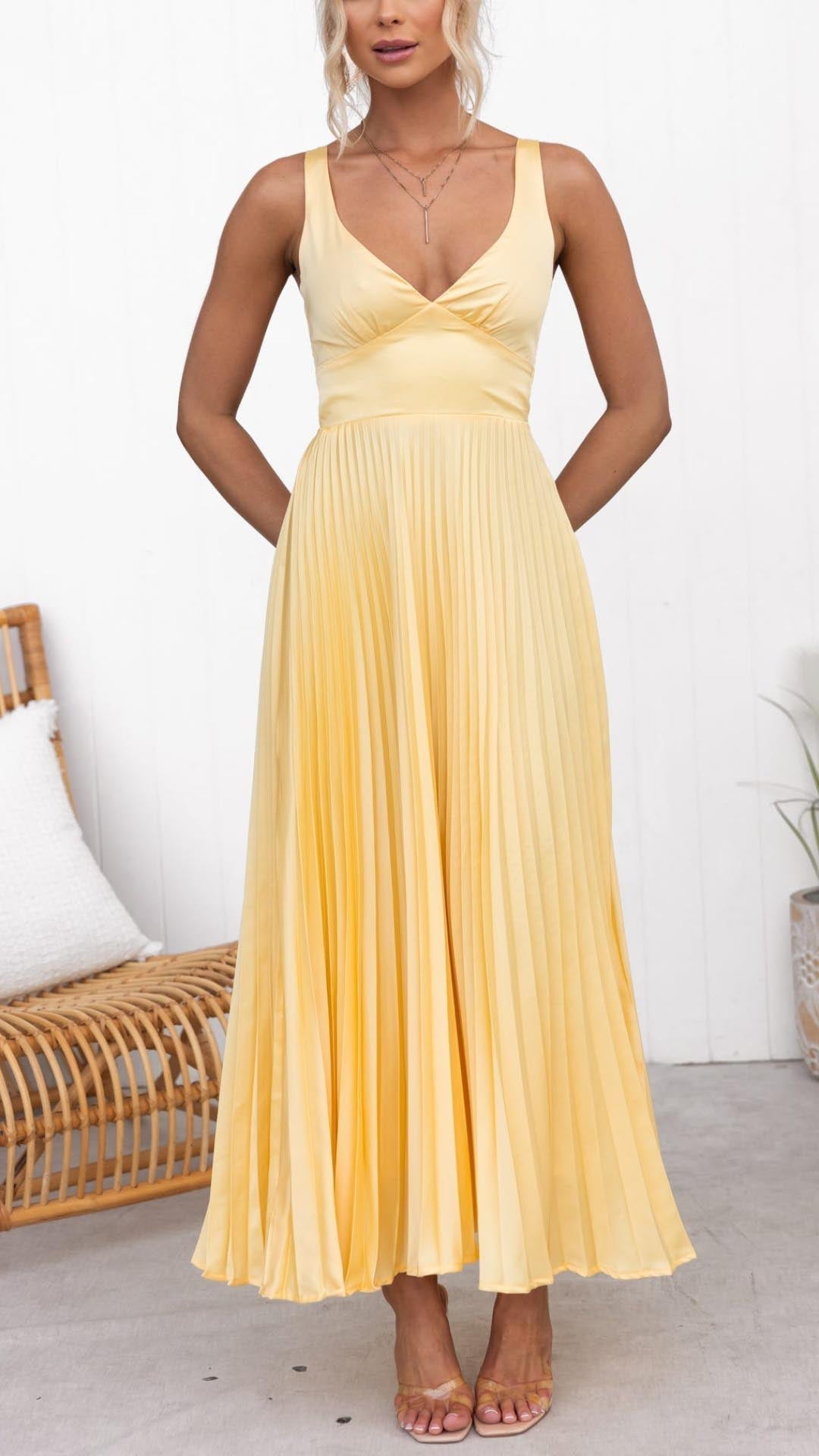 MADELINE | Yellow V-Neck Maxi Dress with Pleated Design