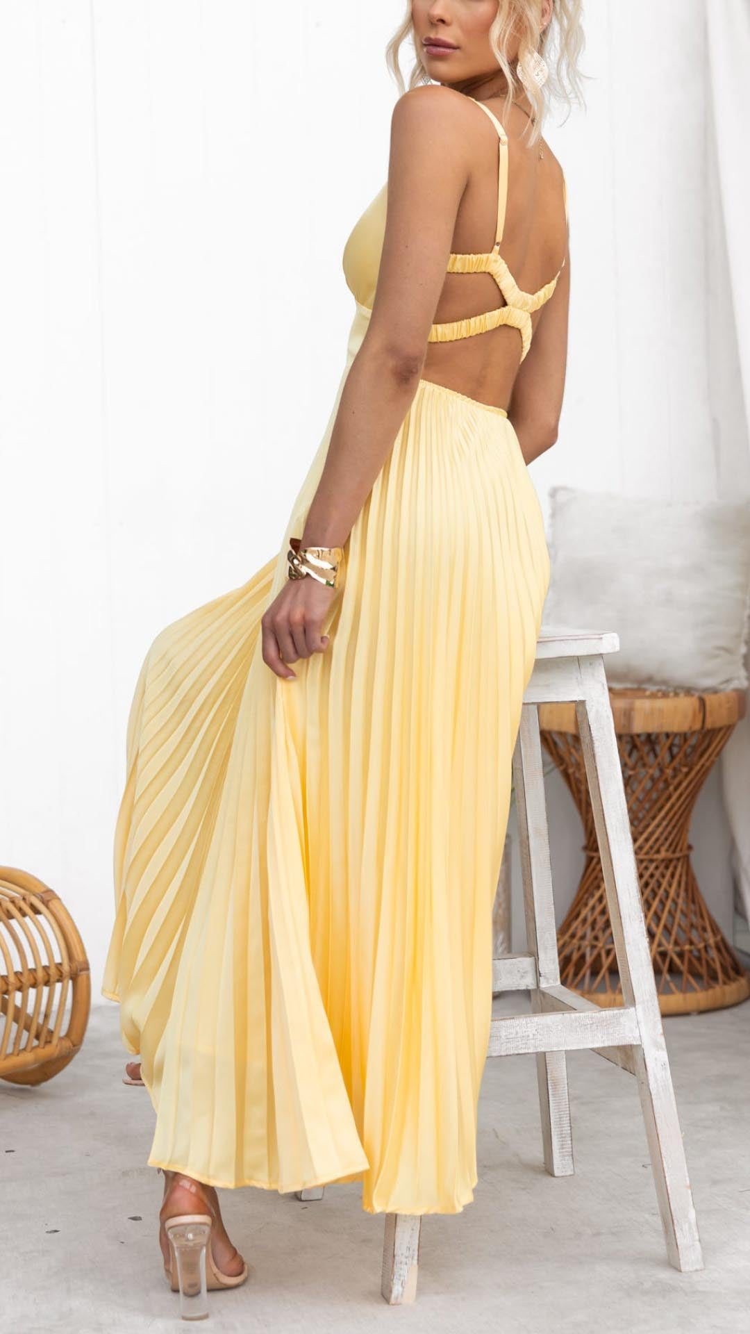 MADELINE | Yellow V-Neck Maxi Dress with Pleated Design