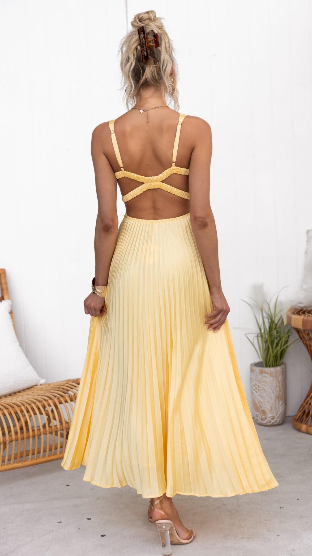 MADELINE | Yellow V-Neck Maxi Dress with Pleated Design